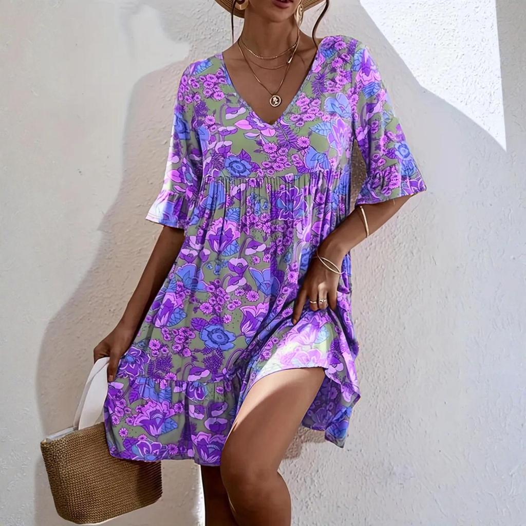 Rochie casual elegantă pentru femei cu decolteu în V și imprimeu floral