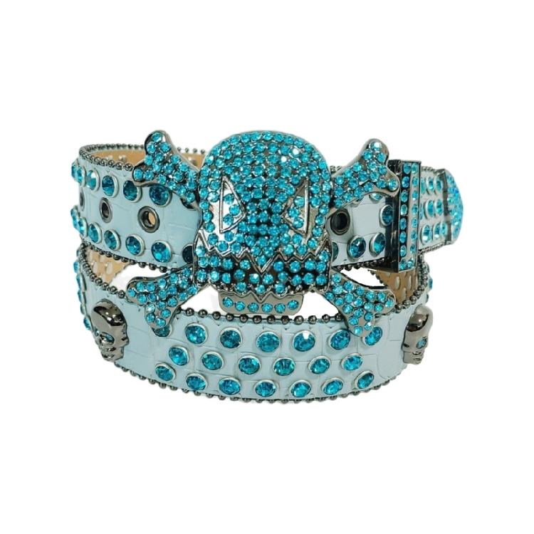 Versatile Male Female Skull Rivet Waist Belt with Rhinestone Buckle Adjustable