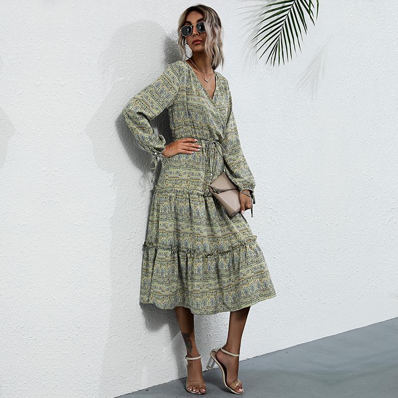 YYFS Women's Vintage Floral Print Long Sleeve V-Neck Casual Dresses