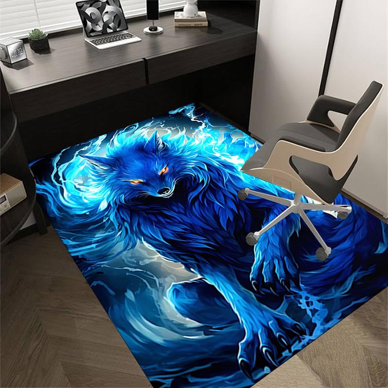 1pc Blue Wolf Spirit Themed Rug for Home Decor, Non-slip Office Carpet, Chair mat, Outdoor Mat, Christmas and Halloween gifts-0731034