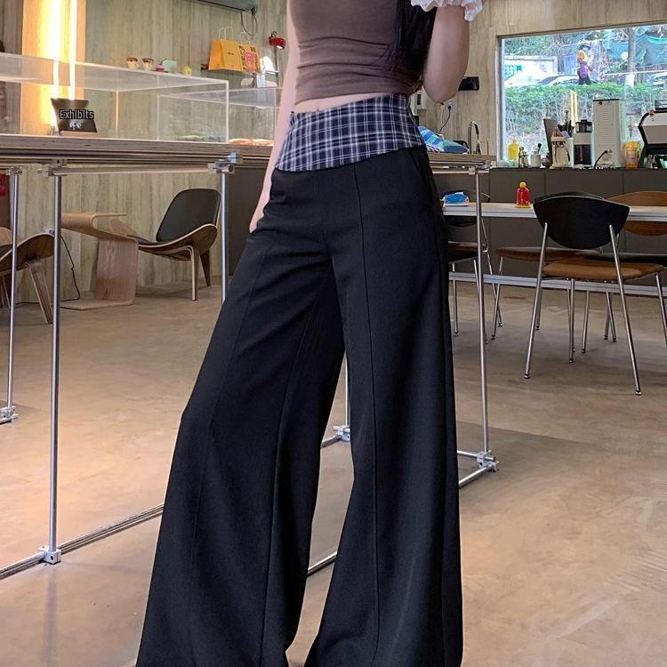 

High-Waisted Wide-Leg Plaid Splicing Floor-Length Pants - Women s Summer Casual Black Vertical Striped Pants S (recommended 42.5-47.5 kg)