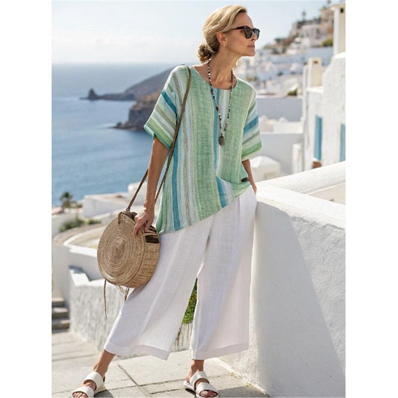 Y1 Short Sleeve Shirt Set Fashion Digital Printing Women's Loose Crew Neck Top High Waist Pants Two-piece Set