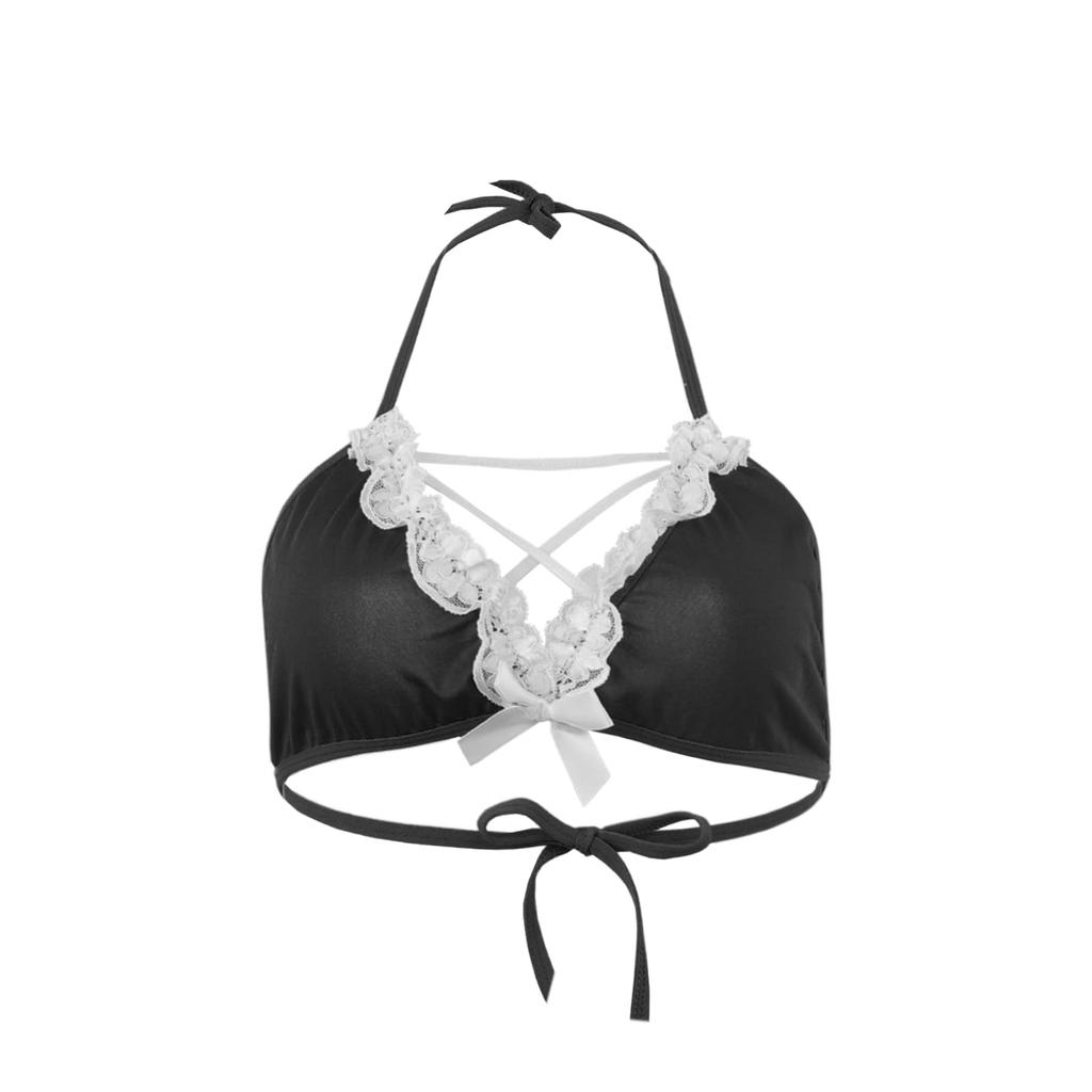 LYING Sexy Maid Cosplay Lingerie Set with Bra and Exposed and Bodysuit with Cute Bowknot Perfect for Home Wear or Women's T-Back, Buttocks,