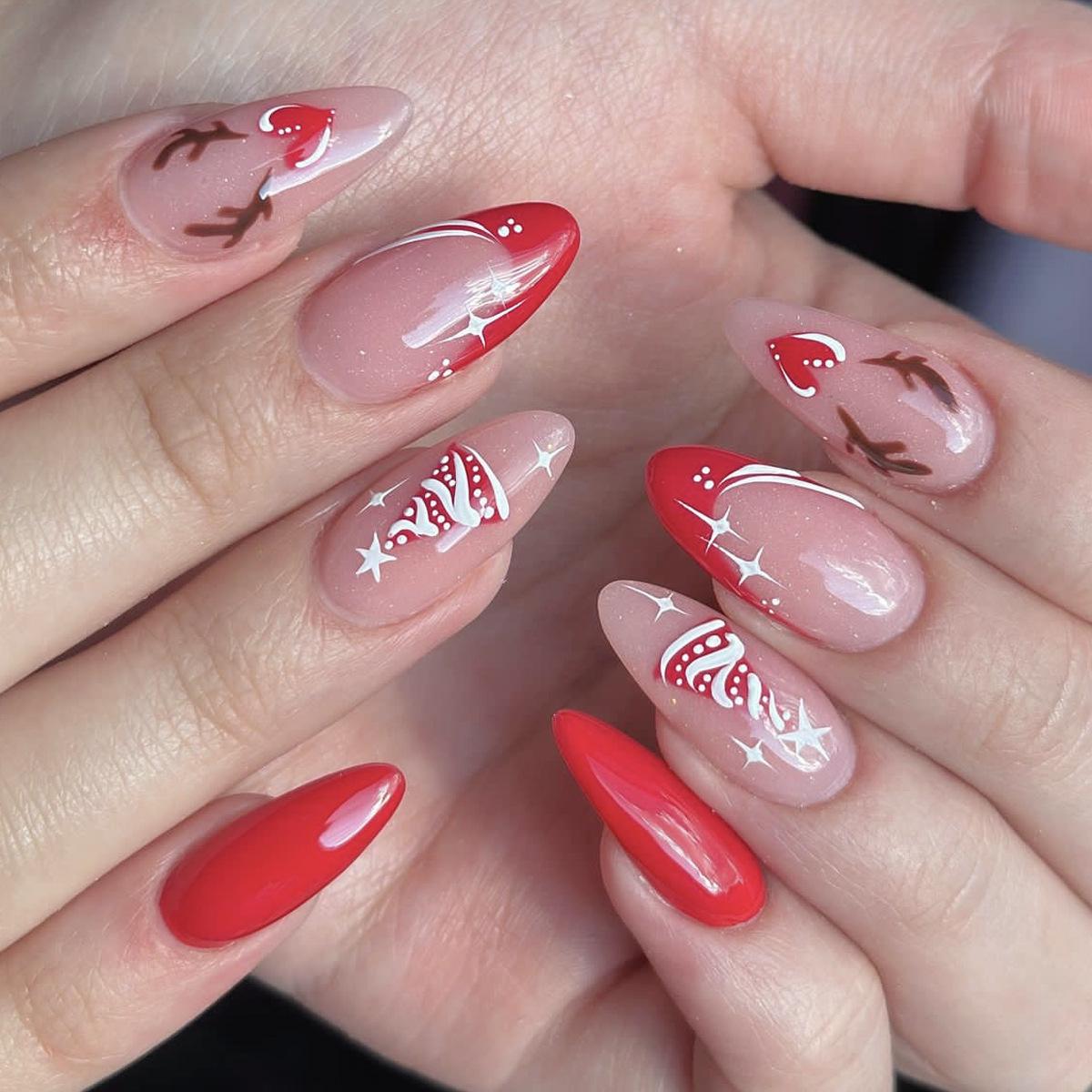 

Festive Red Christmas Nail Stickers: Hearts, Reindeer & Tree Designs