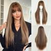 New Highlighted Brown Long Straight Wig for Women - Full Bangs One-Length Cut JK Schoolgirl Style Rejuvenating Daily Wear Full Cap Wig