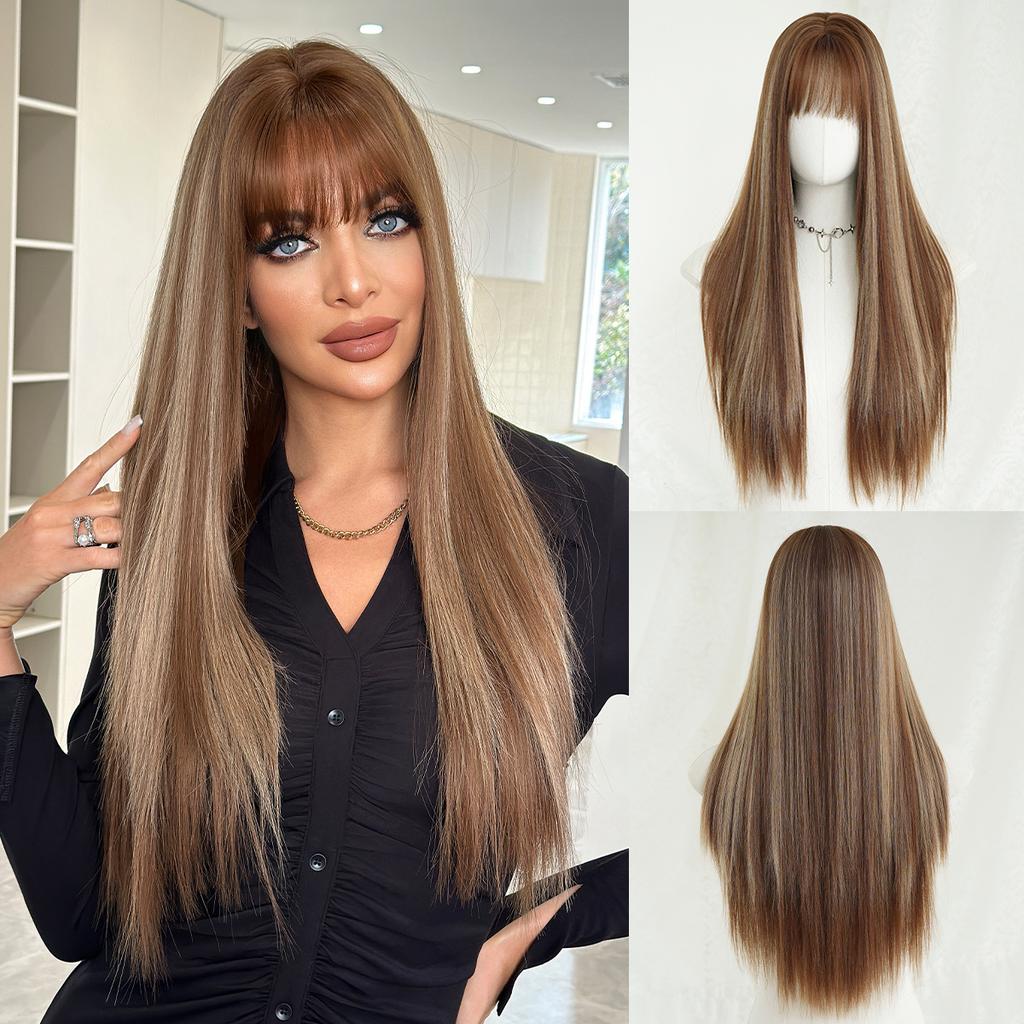 New Highlighted Brown Long Straight Wig for Women - Full Bangs One-Length Cut JK Schoolgirl Style Rejuvenating Daily Wear Full Cap Wig