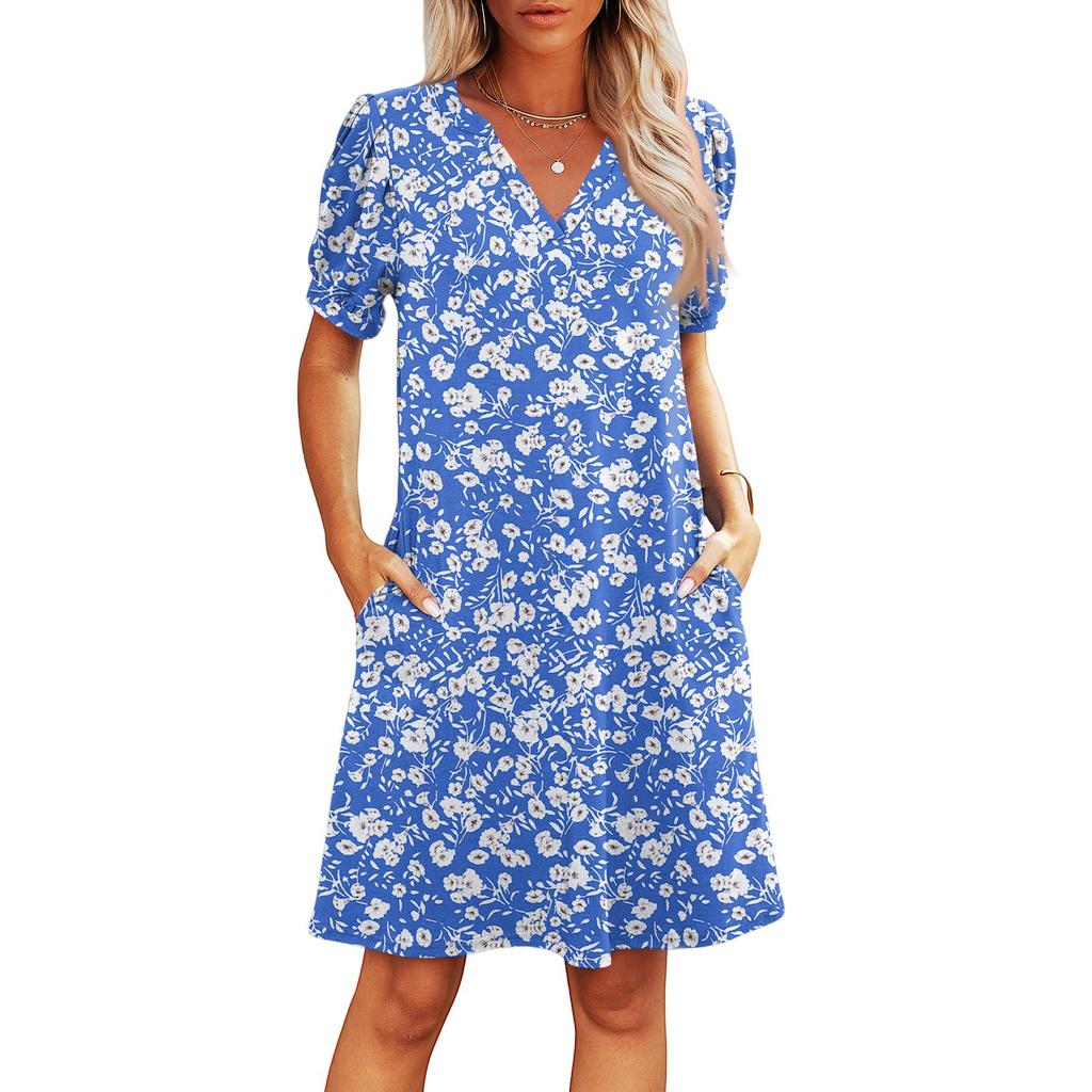 Women's Summer V-Neck Casual Beach Dresses Pod Short Sleeve Vintage Floral Print Dresses