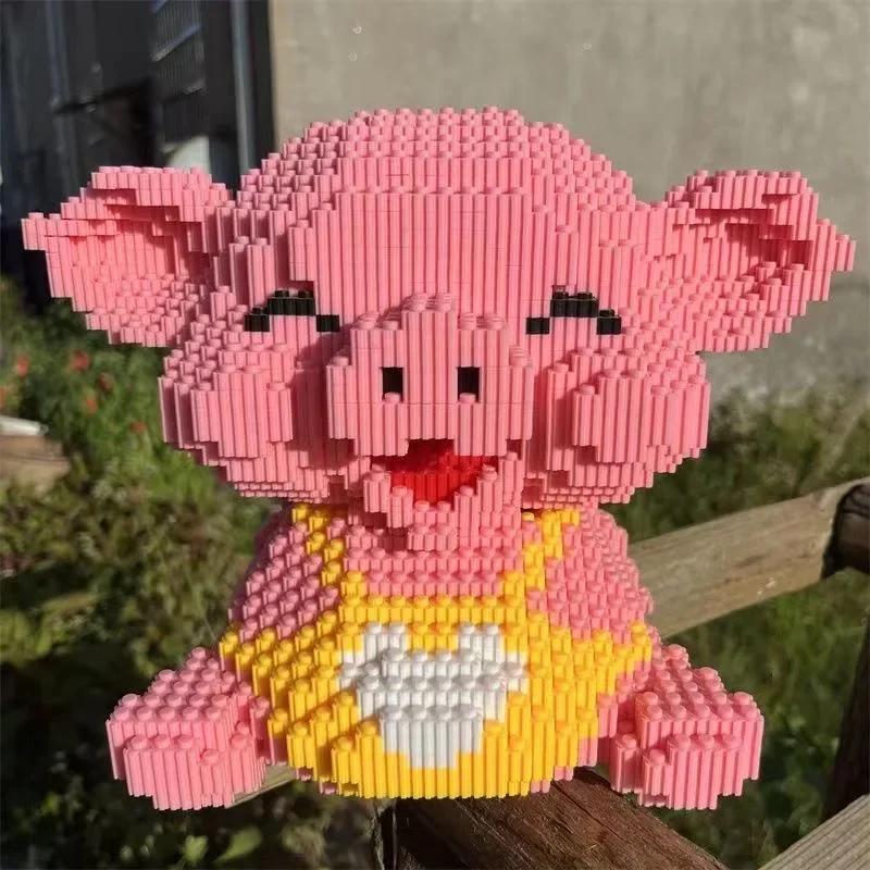 3D Model DIY Mini Diamond Blocks Bricks Building Animal World Pink Smile Pig Piggy Sit Pet Doll Toy for Children Gift