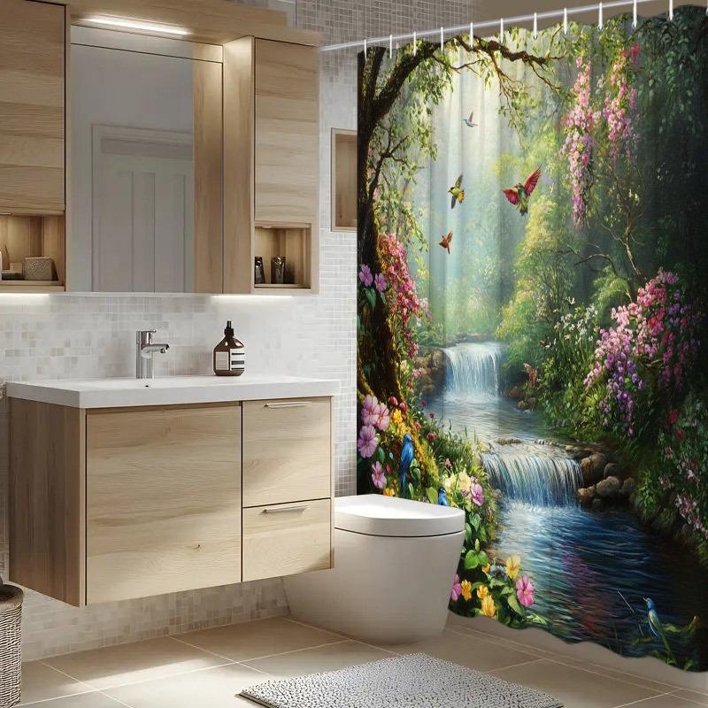 1pc Lush Forest Stream Shower Curtain - Waterfall, Birds & Flowers, 70.8x70.8", Polyester, 12 Hooks, Washable