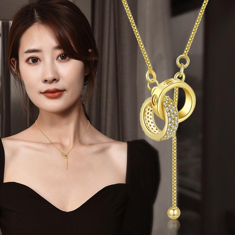 Elegant Gold And Silver Geometric Double Ring Necklace With Sparkling Rhinestones