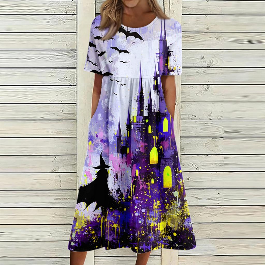 Women's Casual Halloween Printed Dress Short Sleeve Round Neck Pocket Midi Dress Plaid Pattern Comfortable Fit
