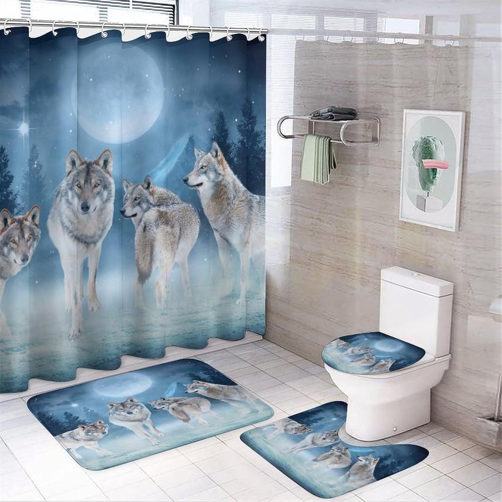 Mystery Wolf Animal Printed Shower Curtain Set With Bath Mat Anti-Slip Toilet Lid Cover Bathroom Set Carpet Home Decoration