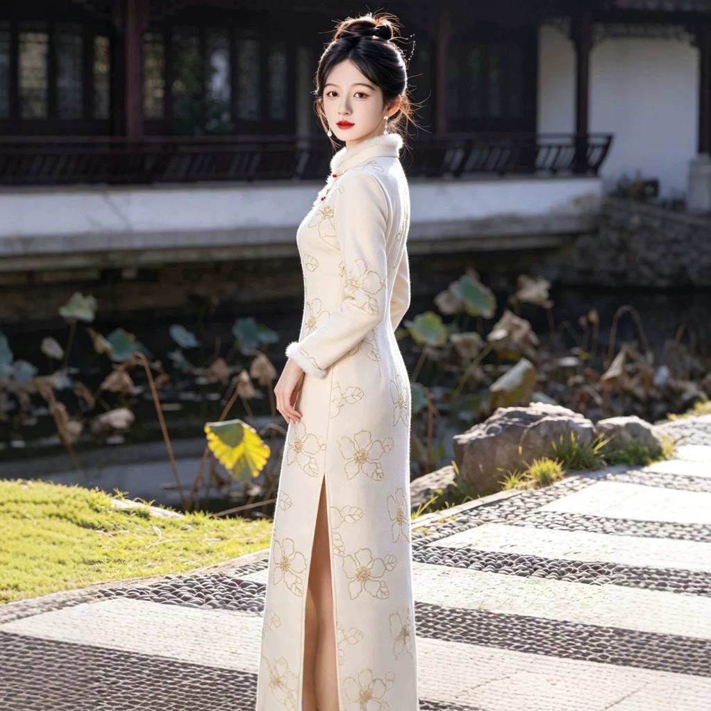 Weißer Samt verdickter Cheongsam 1011 neu verbessert jung retro Temperament langärmeliges Kleid Damen Herbst und Winter