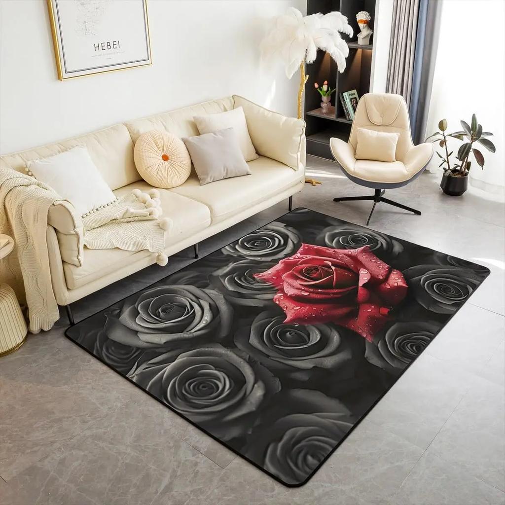 Blue Rose Flower on Black Background Non Slip Mat Area Rugs Floor Carpet for Kitchen Bedroom Living Room Decoration for Kids