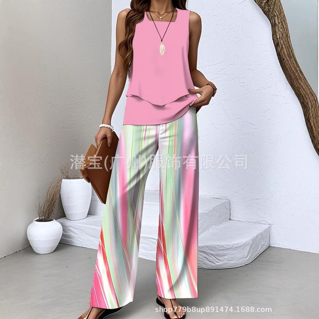 New European and American women's clothing spot explosion sleeveless casual double-layer vest plus pants set two-piece set