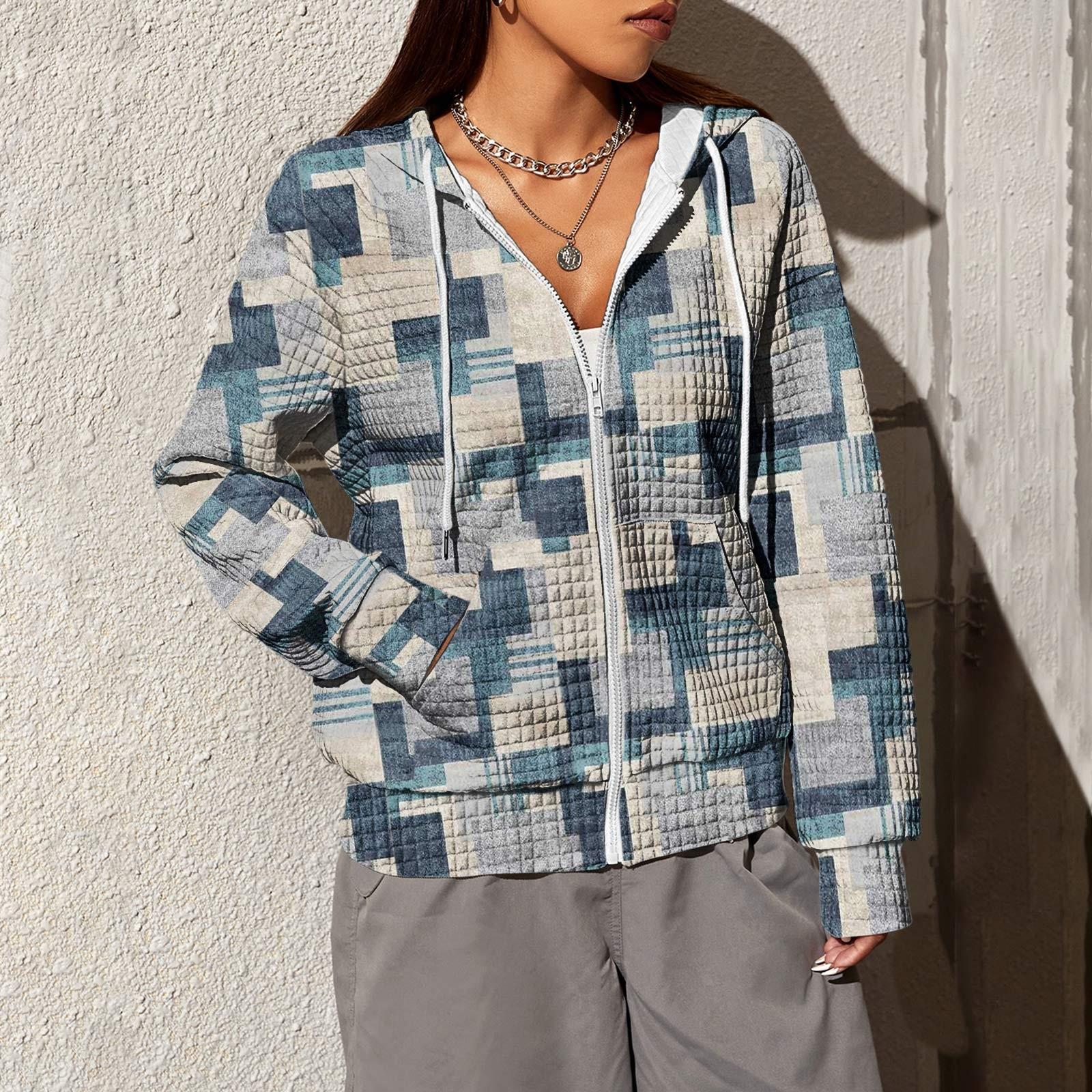 

Женская мода Нерегулярный геометрический принт с длинными рукавами и карманами Свободная куртка с капюшоном на молнии и капюшоном L серый