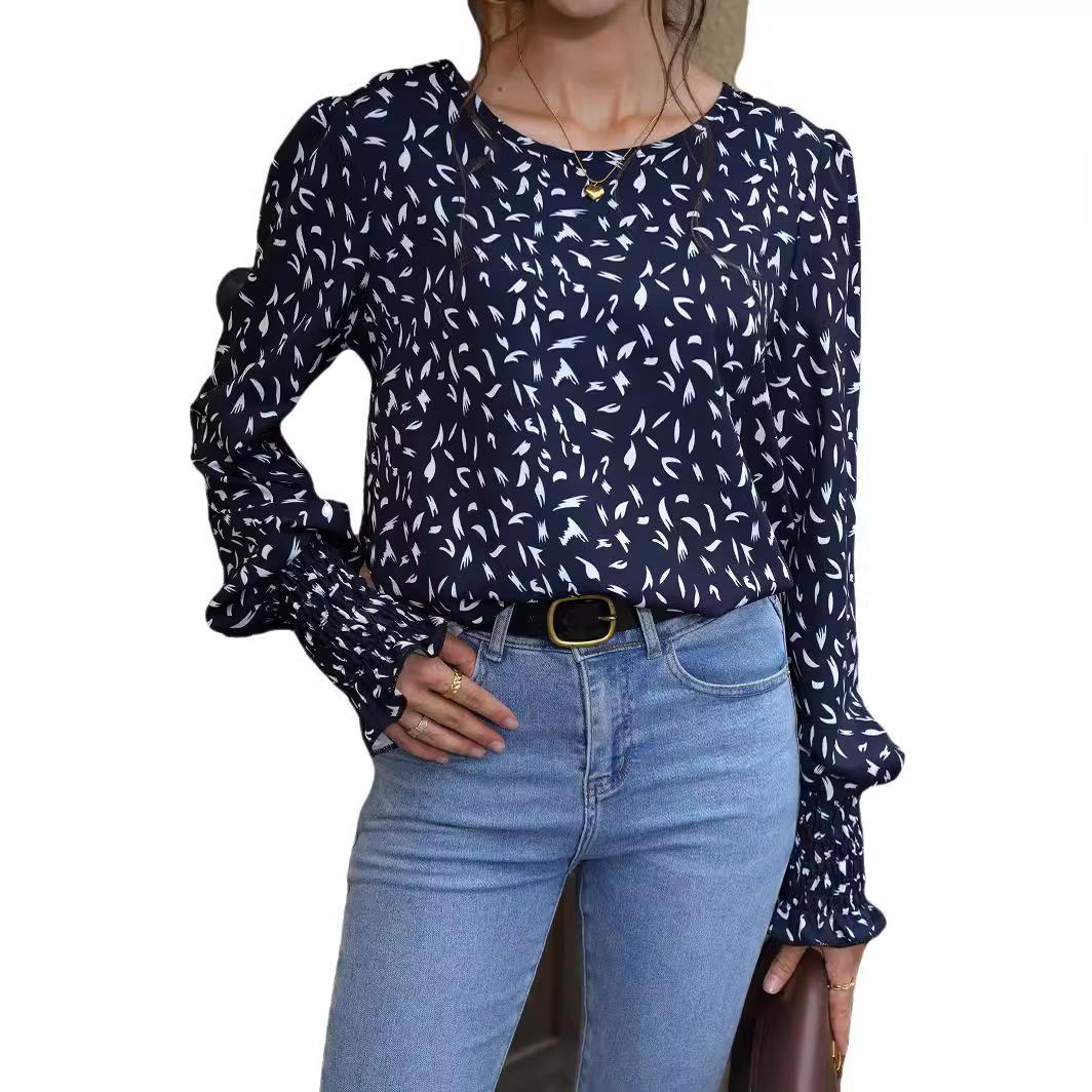 

GMXIA Осенний темперамент принтованная рубашка женская мода свободный провисающий круглый вырез длинный рукав топ женский XL тёмно-синий