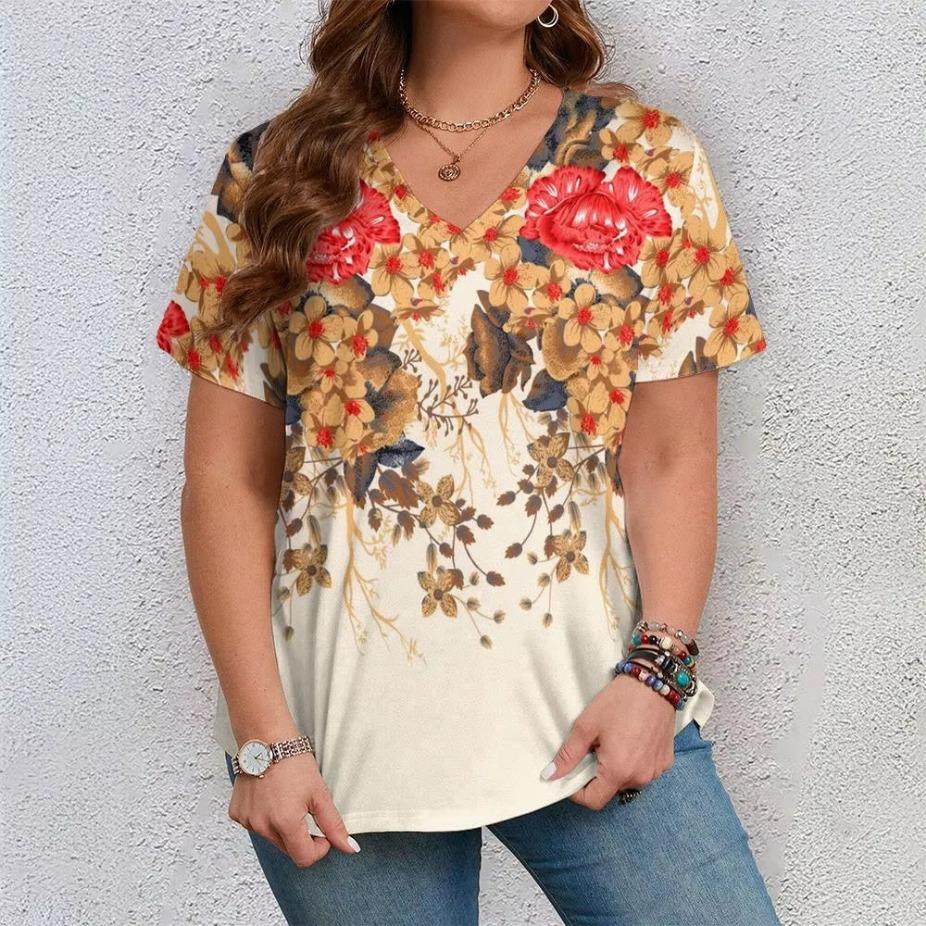 Lässiger Vielseitiger Modetrend Hochwertiges Blumenmuster Kurzärmeliges V-Ausschnitt T-Shirt