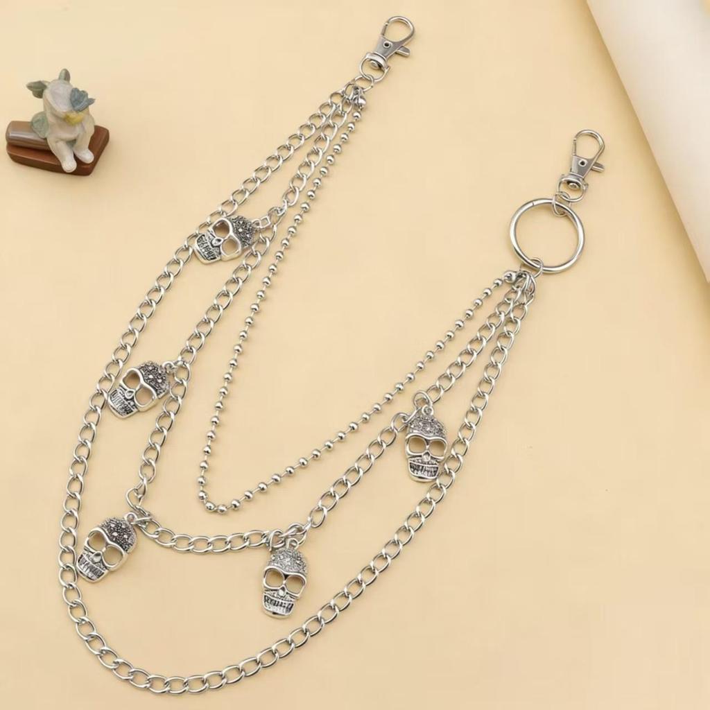 European & American Hip Hop Metal Skull Multi-layer Waist Chain with Round Beads for Women