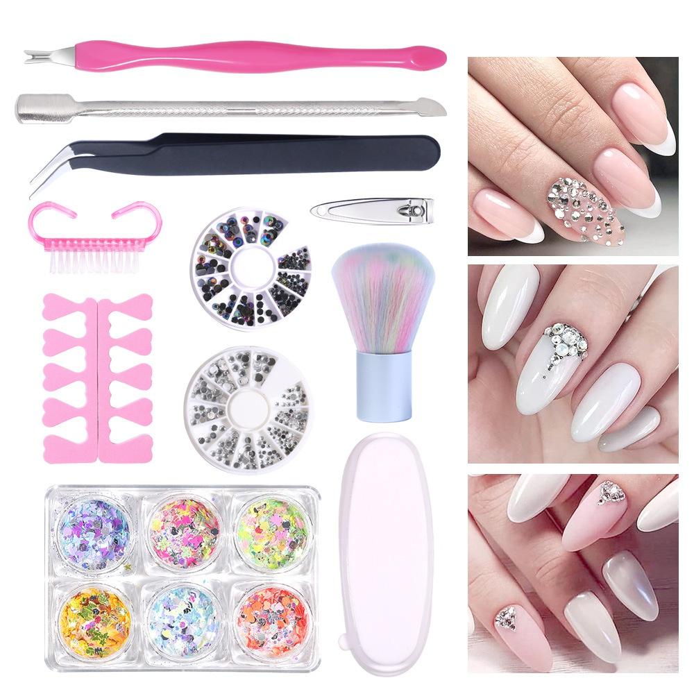 

11Pcs ногтей Искусства Kit маникюр Cuticle Каттер Pusher Вилка Пыль Чистая кисть Rhinstones для ногтей польский DIY украшения