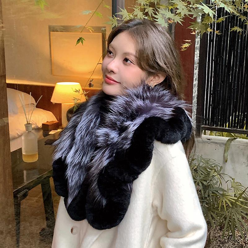 New Women Winter Real Rex Rabbit Fur Scarf Shawl Warm Soft Silver Fox Fur Scarves Female Fashion 100% Real Rex Rabbit Fur Poncho