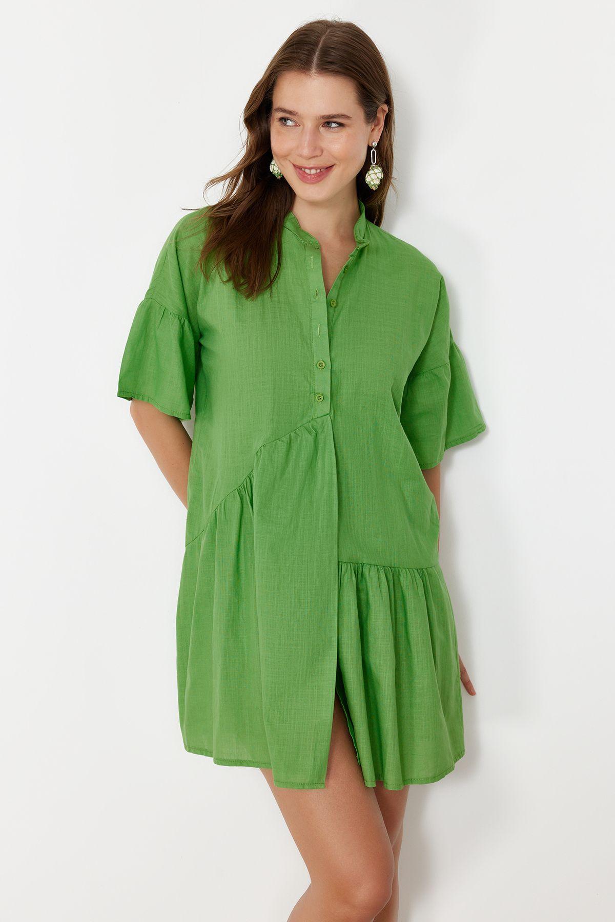 

Women s Style Dress Green Wide Fit Mini Woven Ruffle Beach Dress S