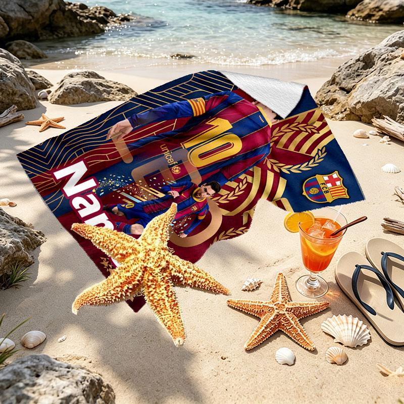 Serviette de Plage Personnalisée avec Nom Club de Football Barcelone, pour Voyage Camping Fête à la Plage Décoration Intérieure, Cadeau d'Anniversaire pour la Famille et les Amis