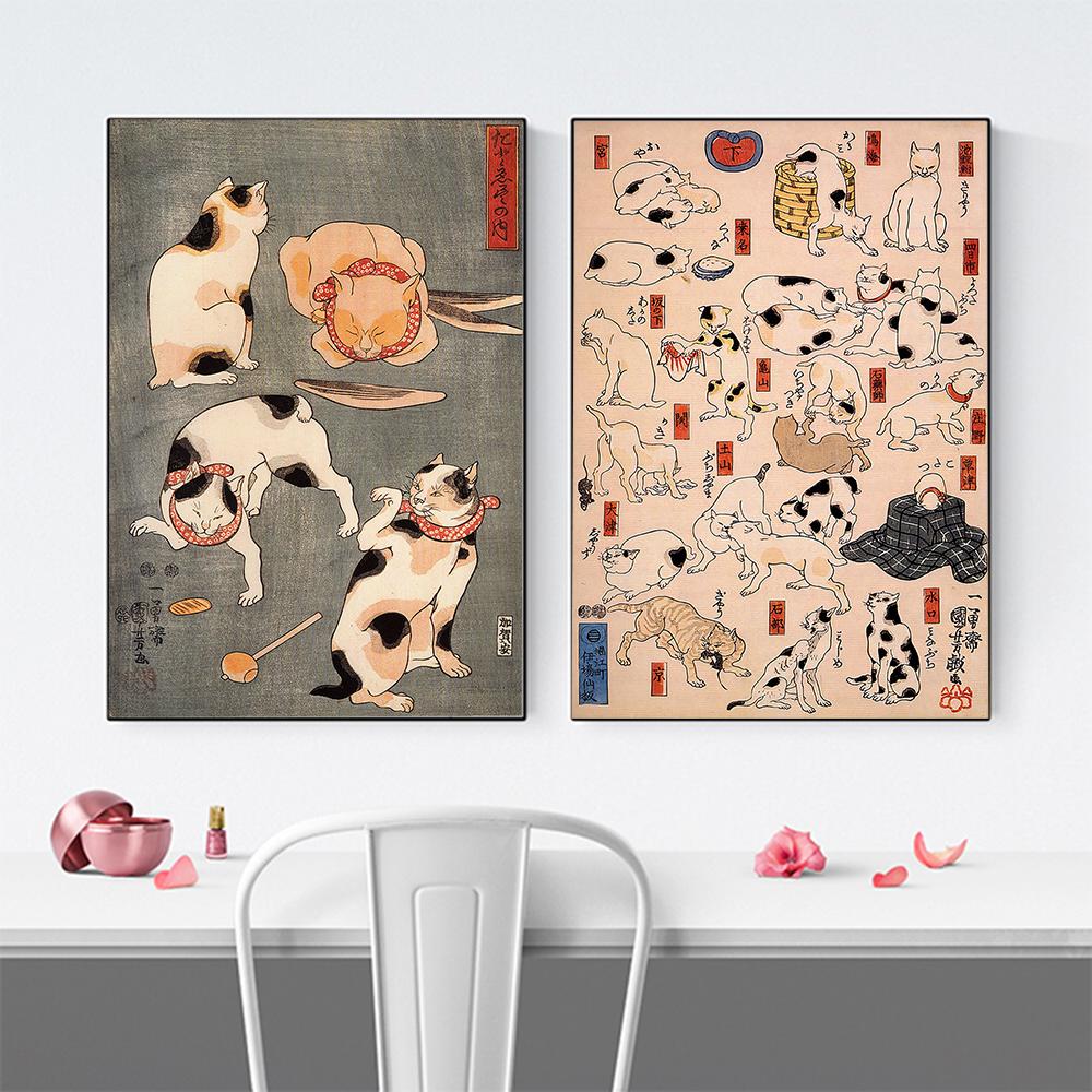 Utagawa Kuniyoshi Cat Olejomalba s různými pozicemi Plakát se zvířaty Retro nástěnná malba Domácí dekorace