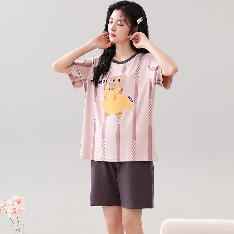Couple's Summer Cotton Pajama Set: Cute Short Sleeve & Shorts for Women, Wear-Outside Style for Men.