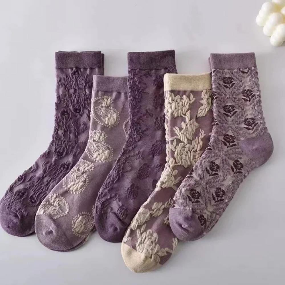 5 Pairs Three-Dimensional Women Textured Socks Palace Style Long Stockings  Spring Autumn