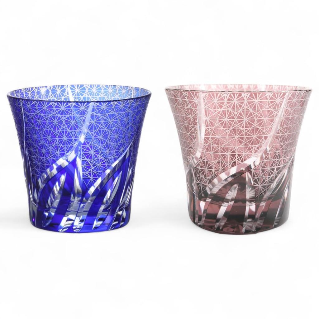 Mizukage Kiriko Pair of Ranbori Komon Blue with Bottom by Bishou Current Model J-kitchens Glasses, 94xH85mm, 240cc, (Small Pattern), & Purple,