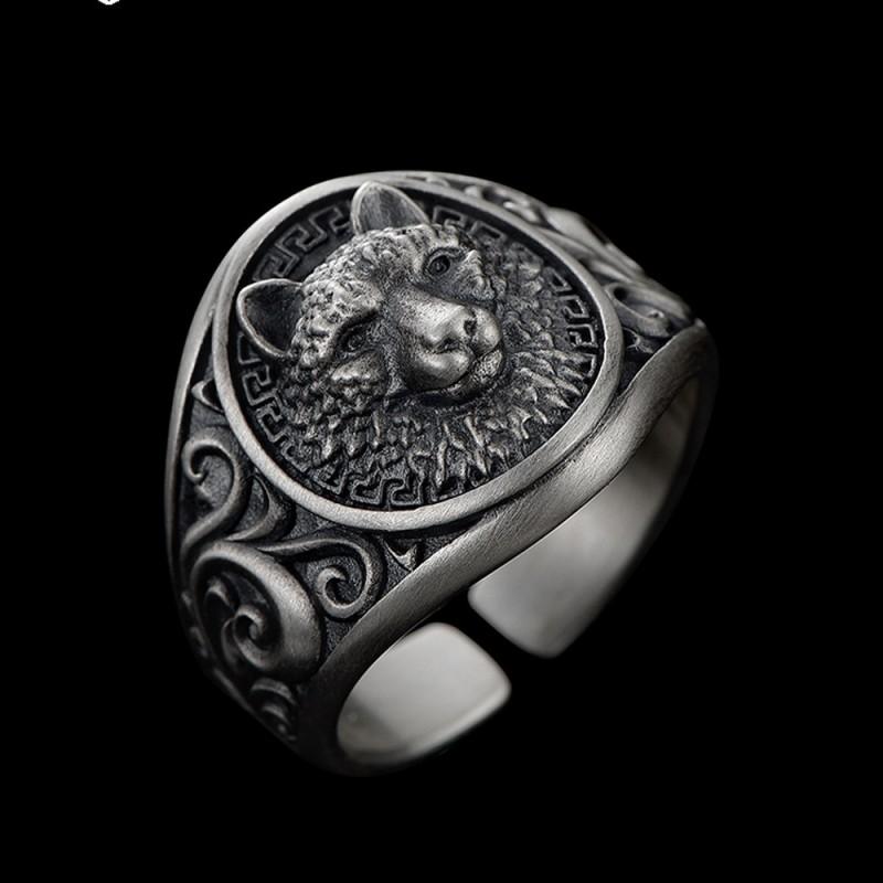 Adjustable Wolf Head Ring Men Women Sterling Open Band Retro Punk Statement Jewelry