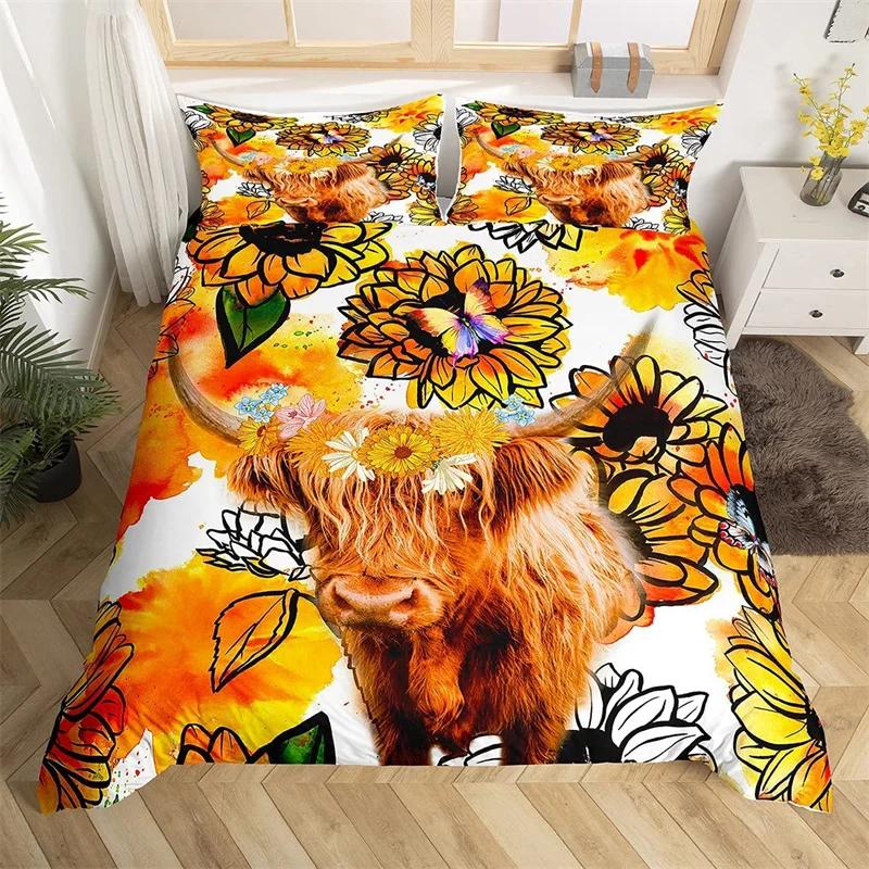 Hochlandrind Bettbezug Bulle Sonnenblume Kuh Bettwäscheset Queen Für Jungen Männer Mikrofaser Wildtiere Bauernhaus Tier Bettdeckenbezug