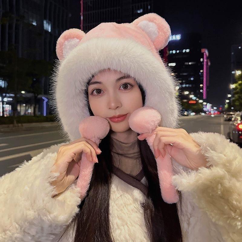 Little Bear Ears Big Hairball Hat For Women Winter Fashion Versatile Warm Plush Hat Outdoor Cold Wind Protection Korean Caps