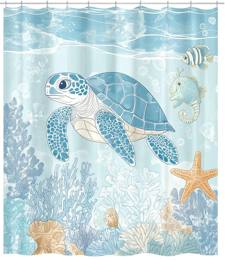 Ocean Shower Curtain for Kids Under The Sea Dolphin Fish Blue Decorative Bath Curtain Polyester Fabric Washable Bathroom Curtain