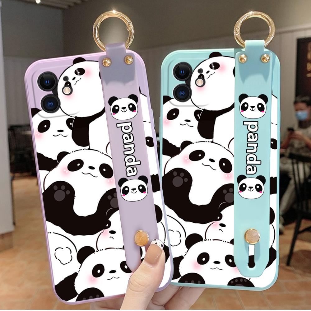 Pro iPhone 15 14 13 12 Pro Max Samsung S23 FE S24 Plus S23 Ultra A25 A34 A54 s páskem na zápěstí Plná ochrana objektivu Roztomilá pouzdra na telefon Panda