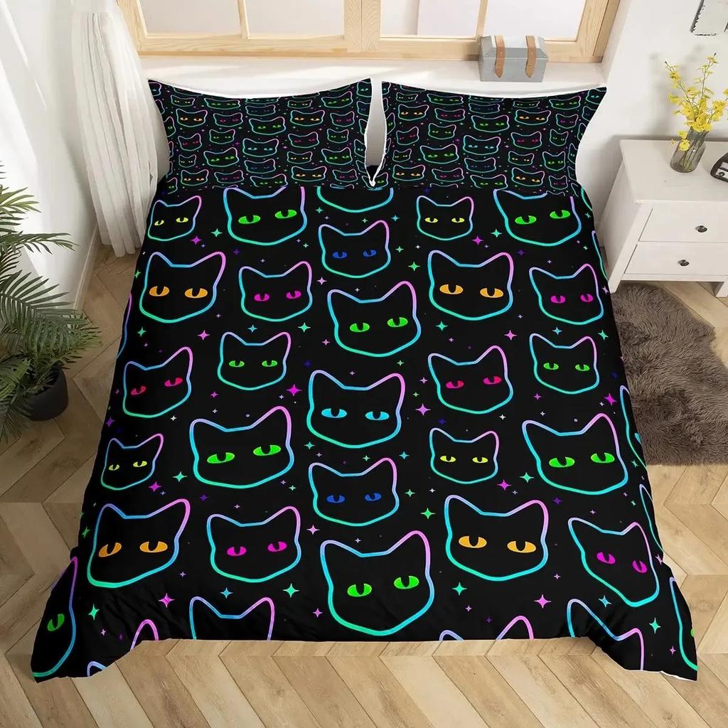 Juego de Funda Nórdica de Gato Colorido Tamaño Queen, Juegos de Ropa de Cama de Gato con Arte Abstracto, Juego de Funda de Edredón de Gato Lindo para Niñas Niños Funda de Colcha