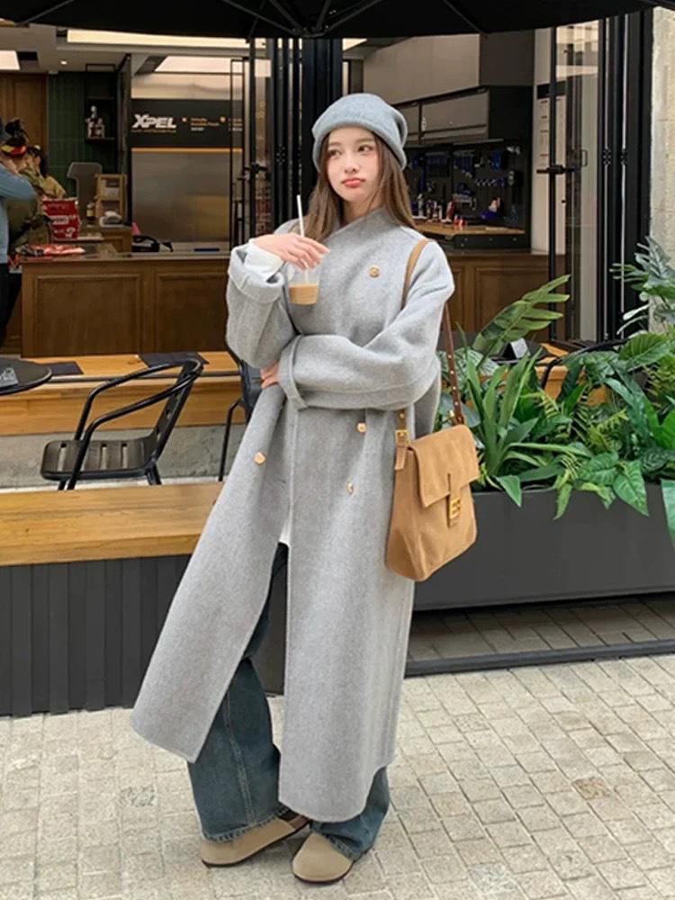 Korean Style Double-Breasted Wool Cashmere Coat for Women - Autumn/Winter, High-End Feel, Stand Collar, Light Luxury.
