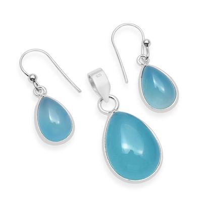 Natural Chalcedony Gemstones 925 Sterling Silver Tear Drop Pendant Dangle Earrings Jewelry Sets For Women & Girls