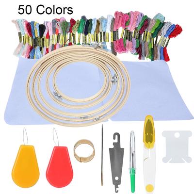 50 Farben Garnstränge Sticknadelset Sticken DIY Nadelfilzen 5 Bambus-Kreis-Set