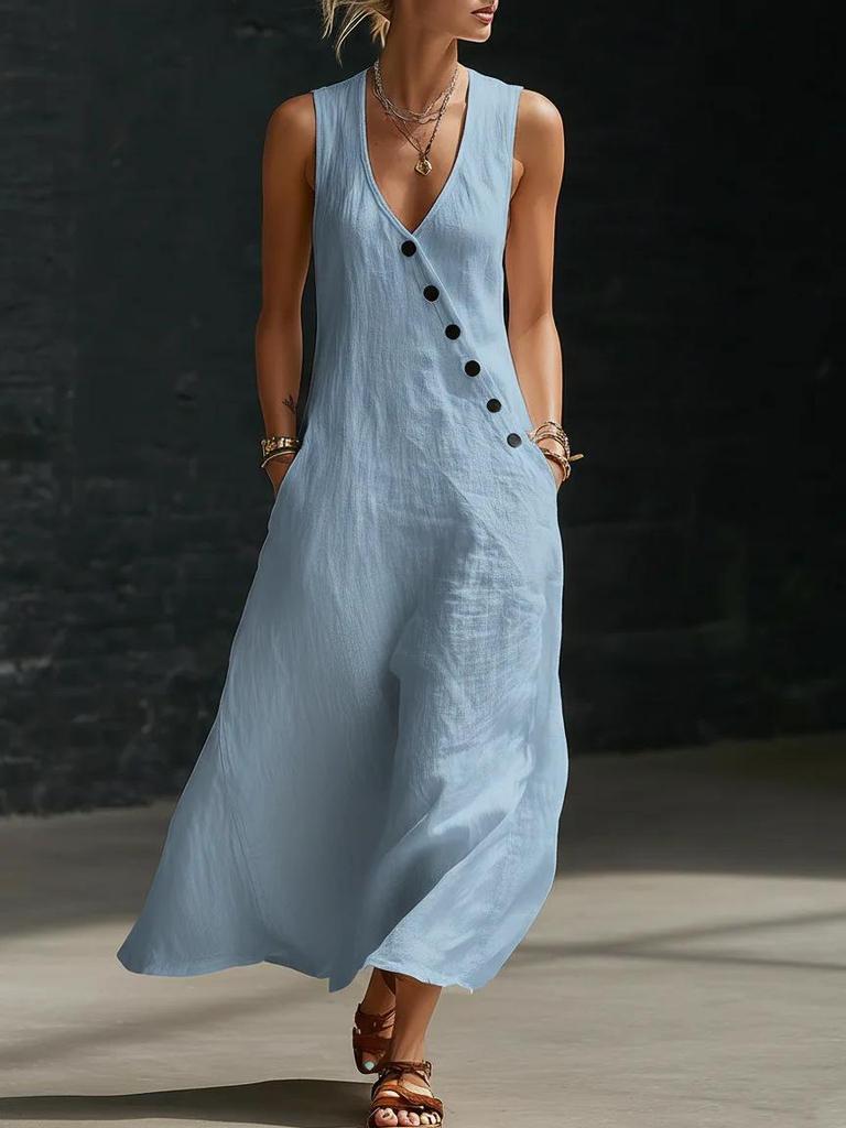 2026 Spring/Summer European & American Lazy Style V-neck Button-down Sleeveless Cotton Linen Dress
