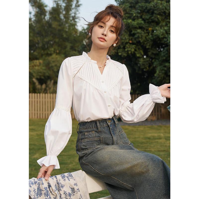 Women s French Pleated V-Neck Tencel Cotton Blouse L