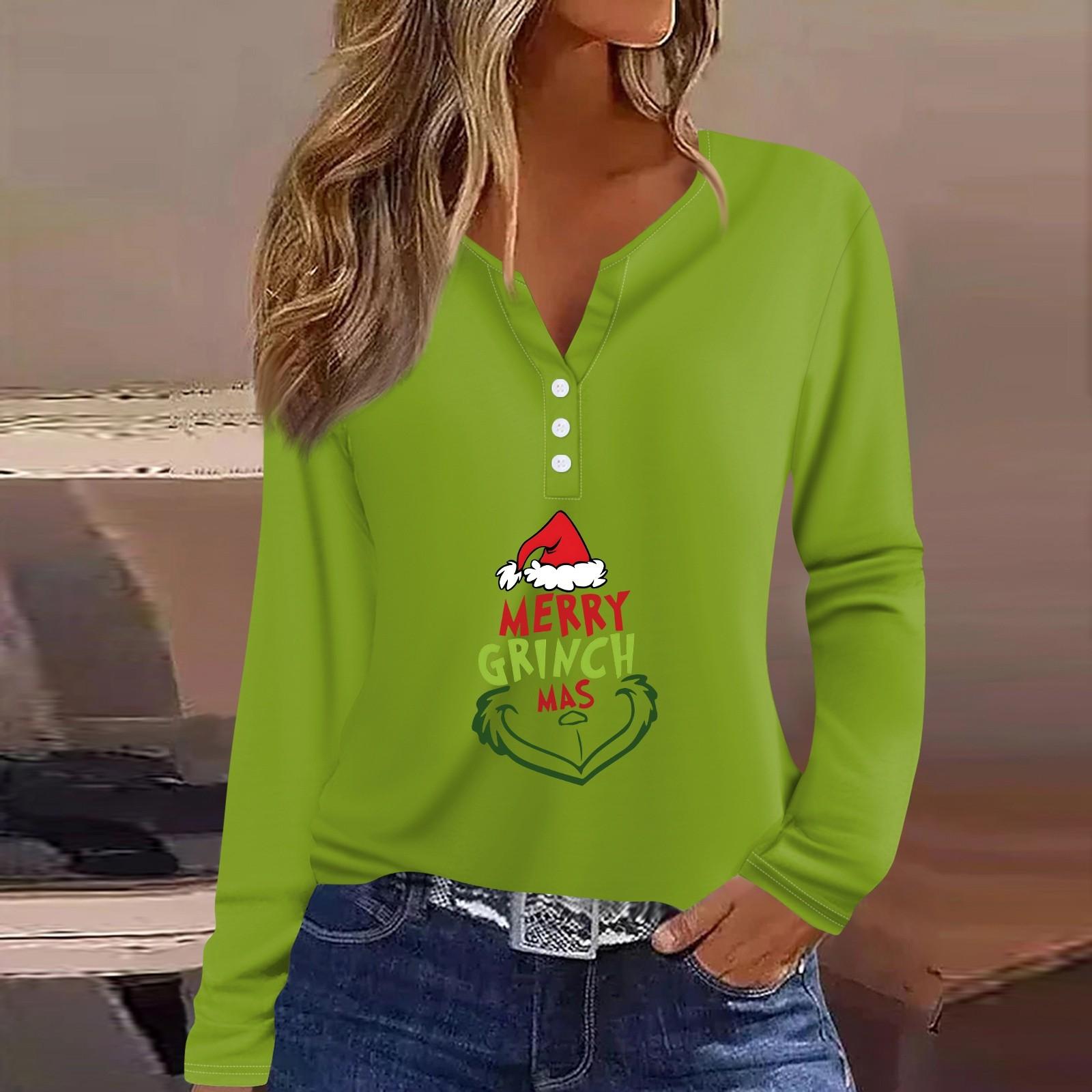 

Женская футболка с рождественским принтом на пуговицах с длинным рукавом, повседневная, выходного дня, модная, базовая, с V-образным вырезом, обычная M красный