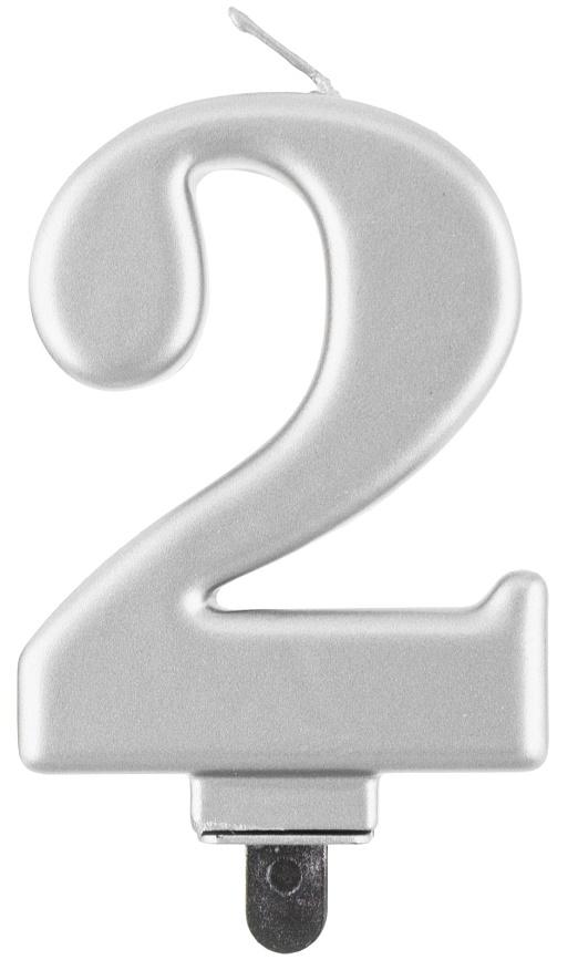 Świeczka Cyferka 2, Metalik Srebrna, 8 Cm, 1 Szt.