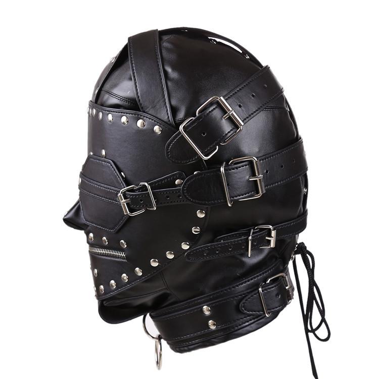 BDSM  Slave Fetish Sex Toys Adult Products Face Mask Headgear Leather Scattered Bronze Lock