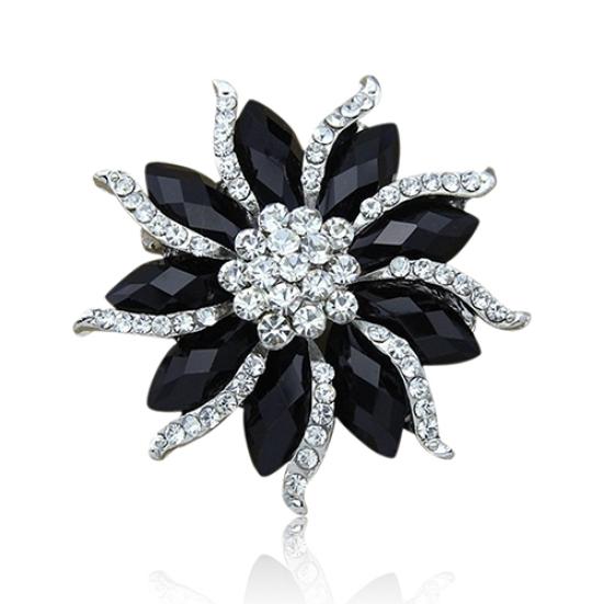 Women's Xmas Gift Blossom Flower Brooch Black Crystal Rhinstones Collar Pin