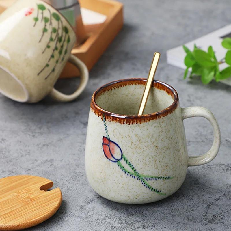 350ml Retro Ceramic Coffee Mug Set with Lid and Spoon Milk Breakfast Cup Home Heat-resistant Teacup Tumbler Juice Water Mug Gift