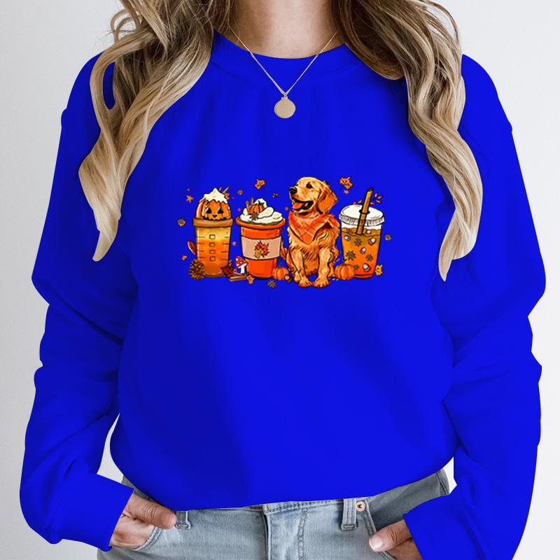Fall Pumpkin Coffee Golden Retriever Print Sweatshirts Autumn Winter Long Sleeve Round Neck Pullovers Casual Hoodless Sweatshirt