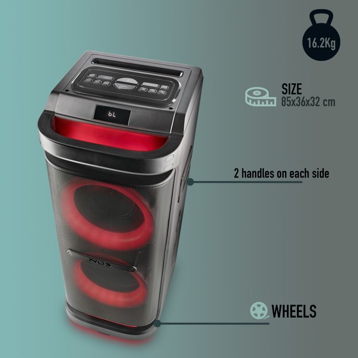 NGS WILD SPACE 2: 2000W Party Speaker BT/TWS, USB/AUX, LED, poignées, 2 entrées micro.