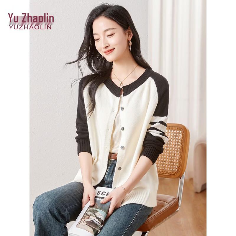 YUZHAOLIN Women s Round Neck Color Block Knit Cardigan M